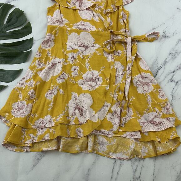 Free People French Quarter Wrap Mini Dress Size XS Yellow Floral Ruffle Flutter - Picture 4 of 10